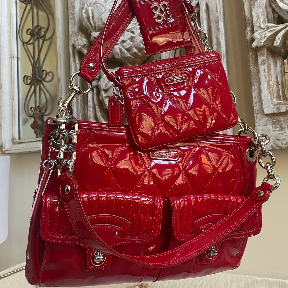 Coach Poppy 18678 Red Liquid Gloss Patent Quilted Bag 3PC Set NWOT Rare
